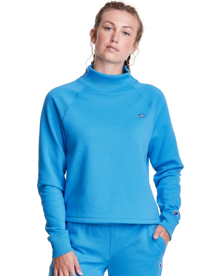 Champion Powerblend Fleece Mock Neck Embroidered Logo - Naisten Sininen Collegepaita - Suomi 3029645